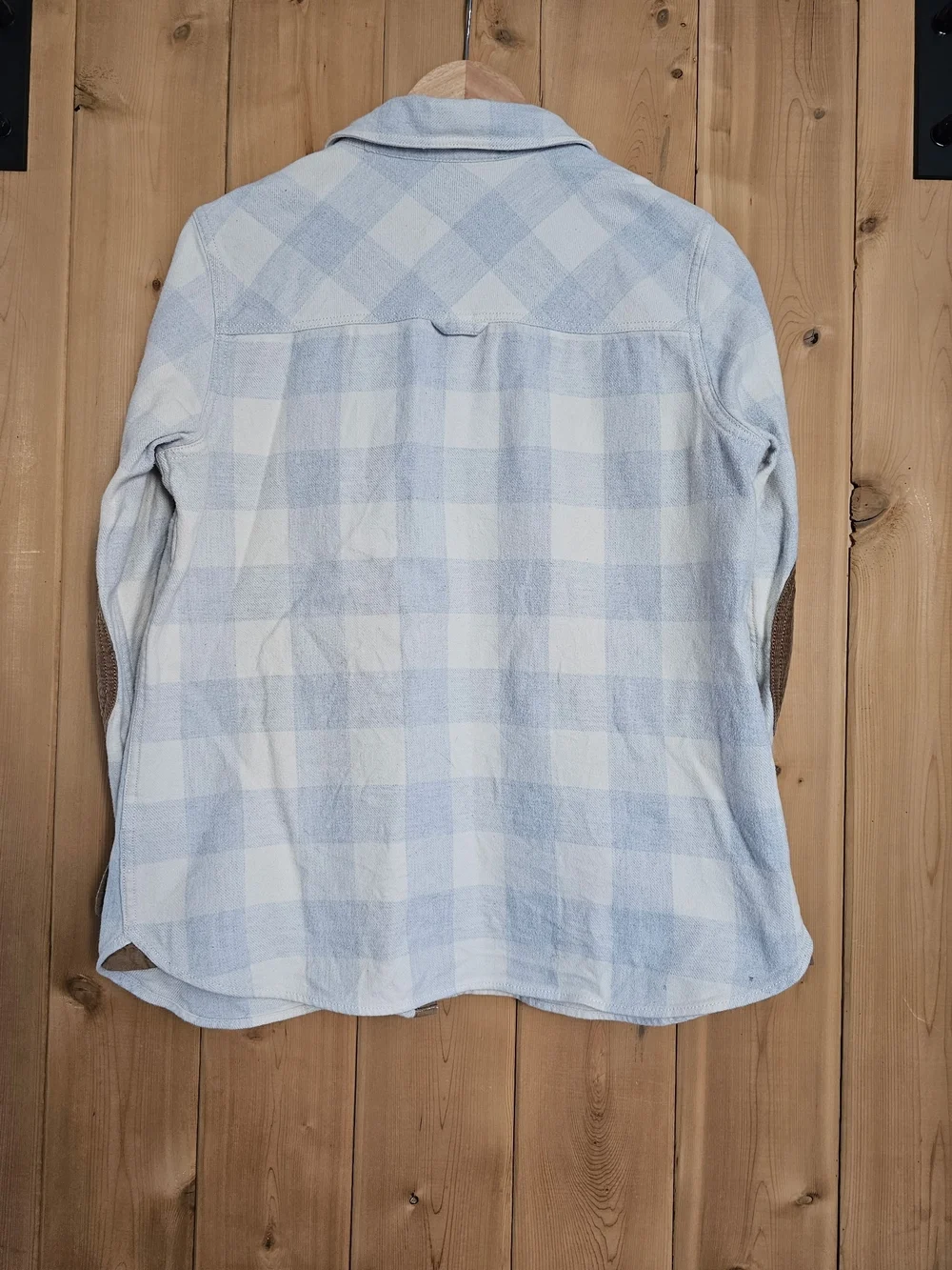 Roots Light Grey & White Plaid Button-Up Shirt with Brown Elbow Patches - Picture 7 of 7